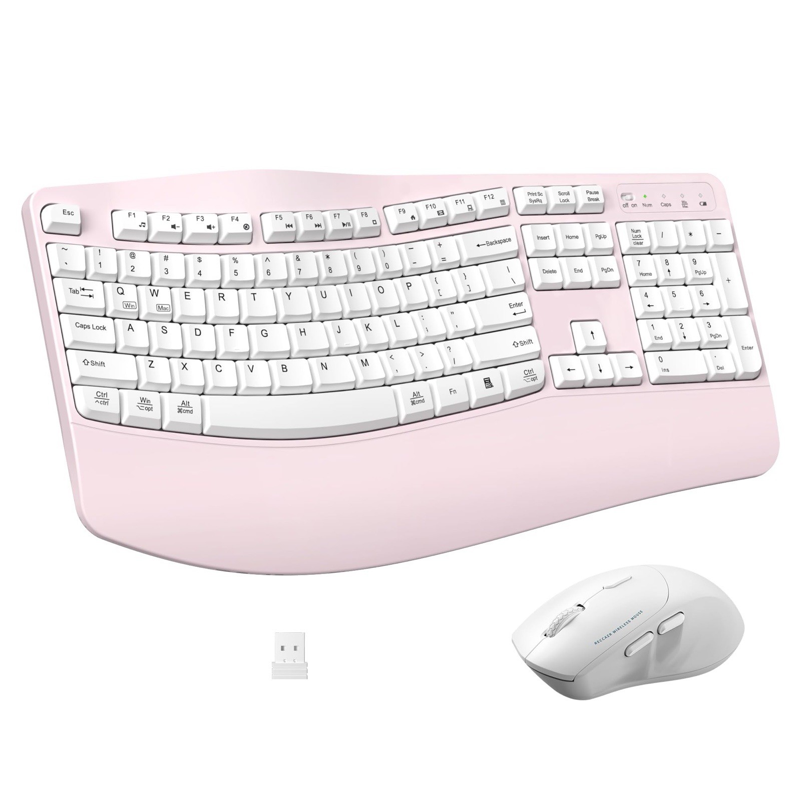 Ergonomic Wireless Keyboard And Mouse, Wave Keys Keyboard With Wrist Rest, Pink