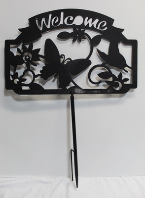 Black Metal Welcome Sign & Yard Stake with Butterflies & Floral 15.5''x9.5''
