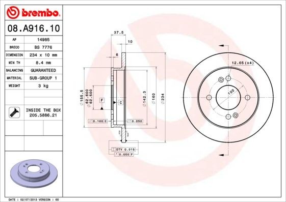 2X Brembo Bremsscheibe 08.A916.10 FüR Hyundai Kia-image