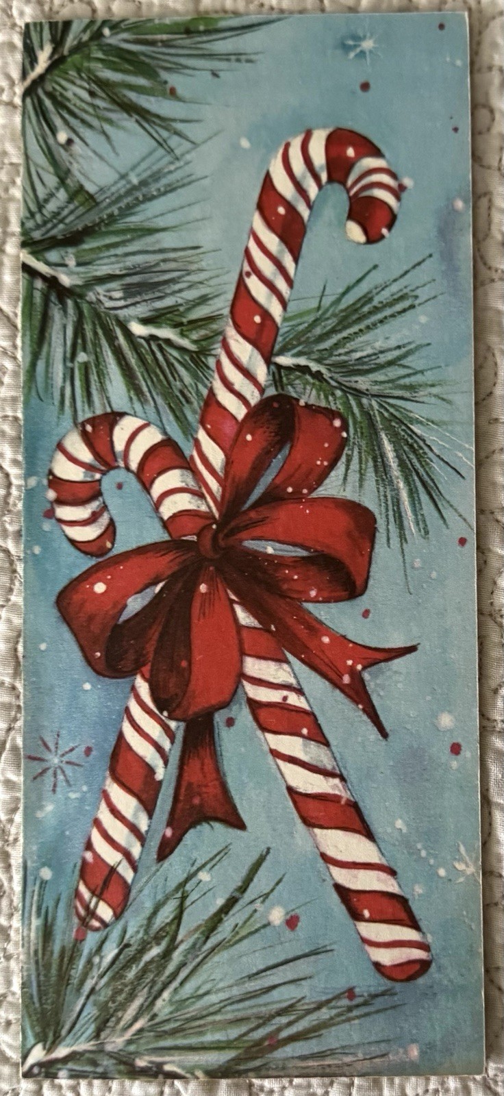 Unused Christmas Candy Cane Pair Hang Pine Tree Bow Greeting Card 1950s 1960s
