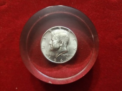 Silver First Year Issue 1964 Kennedy Half Dollar - BU Acrylic Paperweight