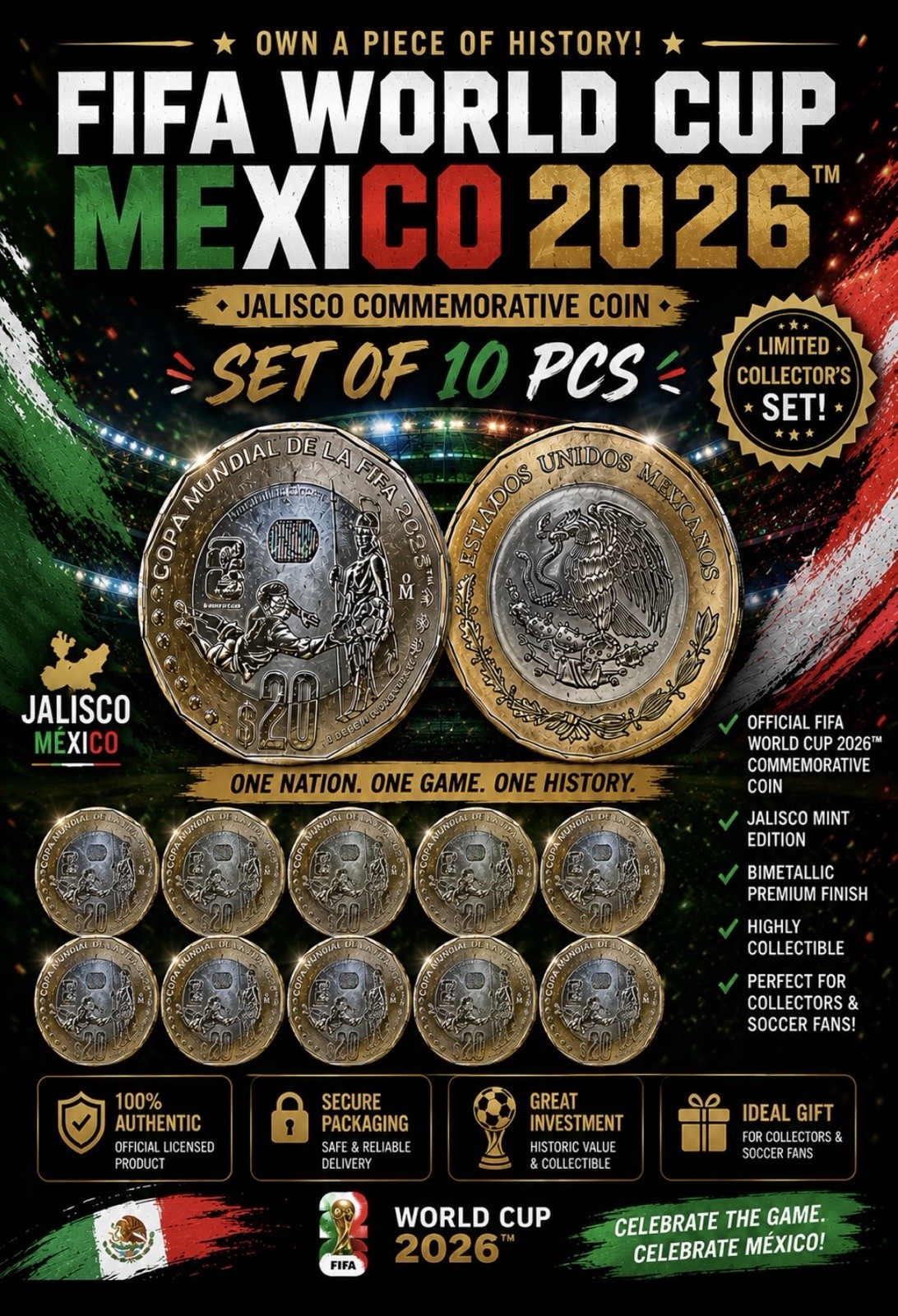 MEXICO 2026 FIFA. $20 Pesos. Brillante. JALISCO. MINERVA. Lot  10 PCs