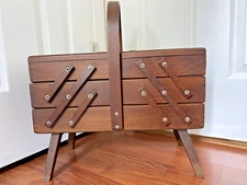 Vintage MCM Made in Romania Footed Wood Accordion 3 Tier Fold Expand Sewing Box