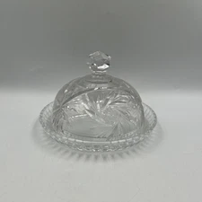 Vintage Butter Cheese Covered Dish Glass Crystal Cut Details 