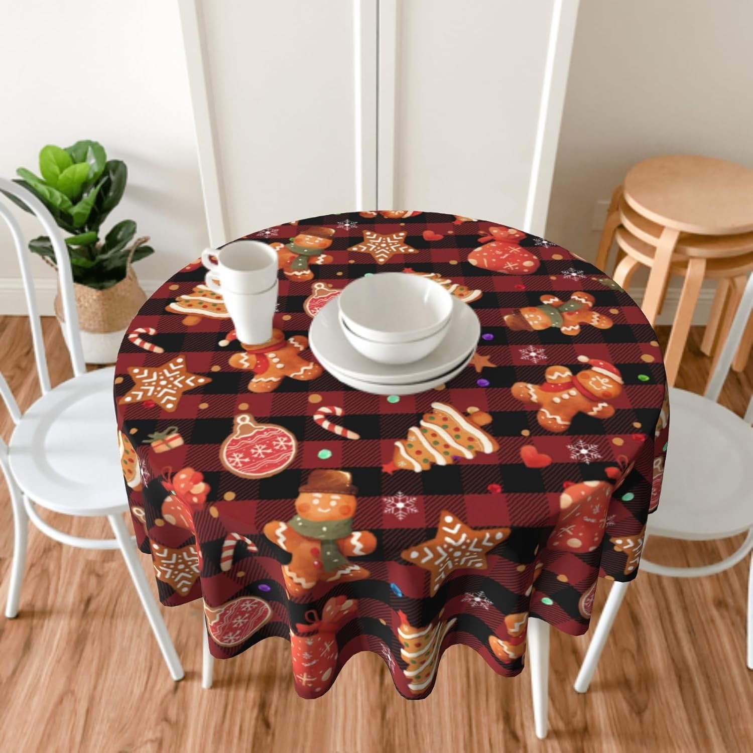 Giwawa Gingerbread Man Round Tablecloth for Kitchen 60 (Round), 