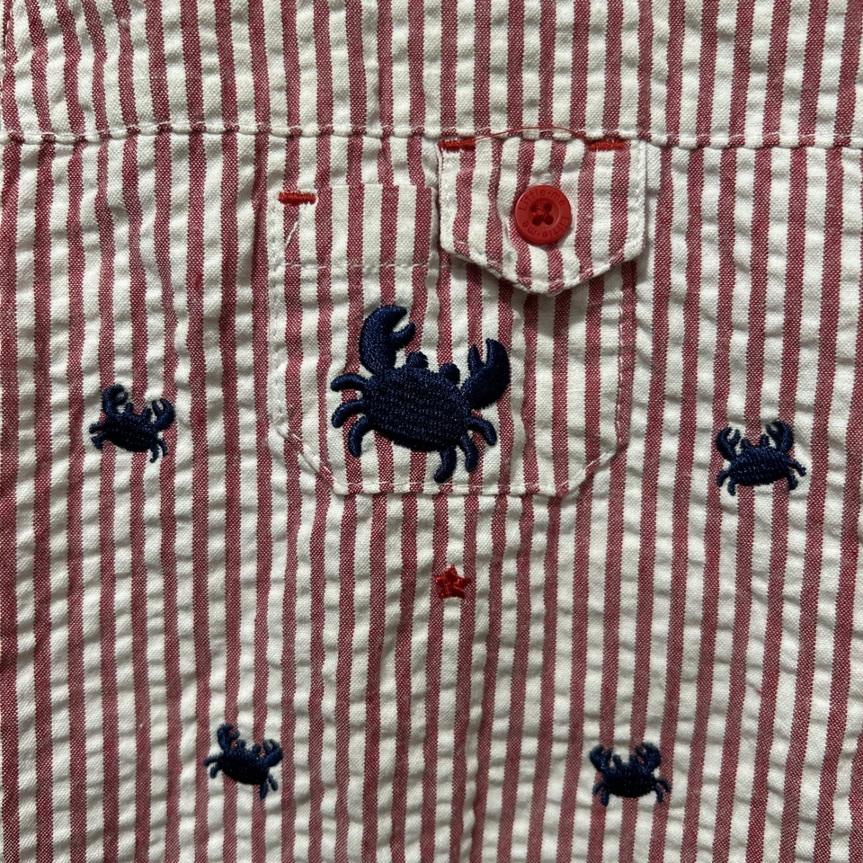 Mameluco Little Me Infant Crab Rojo Blanco Rayas Seersucker Sin Mangas Talla 12M Foto 2 de 4