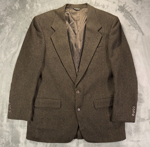 VINTAGE Bill Blass Blazer Mens 44R Brown Donegal Tweed Herringbone Wool Jacket