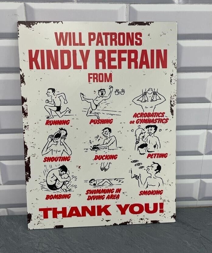 CLÁSICO RETRO REGLAS DE PISCINA NOVEDAD LETRERO ANGUSTIADO DIVERTIDO LETRERO DE BAÑERA DE HIDROMASAJE