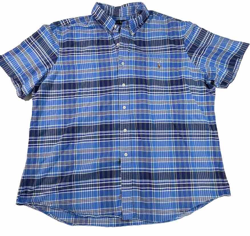 Camicia Ralph Lauren blu bianca quadri pony cotone manica corta XXL