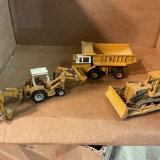 3 Vintage ERTL Co. Construction Pieces - Backhoe- Bull Dozer - Dump Truck