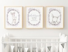 Baby, Girl Nursery Wall Art Woodland animals decor, set of 3 prints Announcement