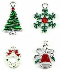 4 Enamel Christmas Charms Silver Pendants Findings Holiday Set Assorted Lot Mix