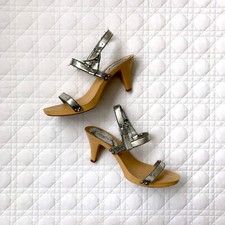 Vtg 1970s Candies Plastic Silver Metallic Leather Mule Sandal Heel Shoes 37 US 6