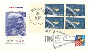 NASA postal cover  '62 '98 vtg FDC Mercury 6 / STS-95 John Glenn Space Pioneer