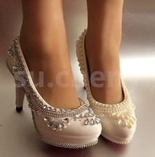 su.cheny 3" / 4" white ivory lace crystal pearl Wedding Bridal pumps heels shoes