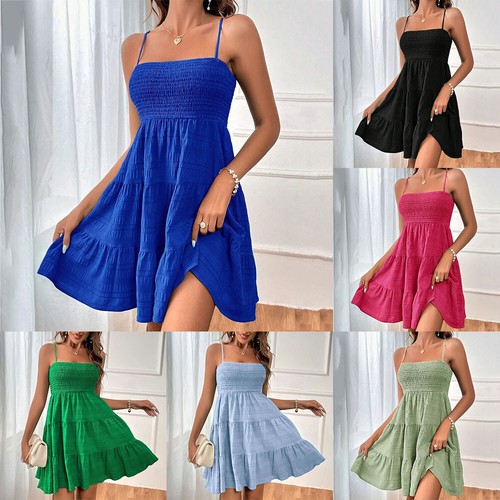 Damen Boho-Träger-Minikleid Lässig Urlaub Sommer Strand Swing-Sommerkleid | - Picture 3 of 29