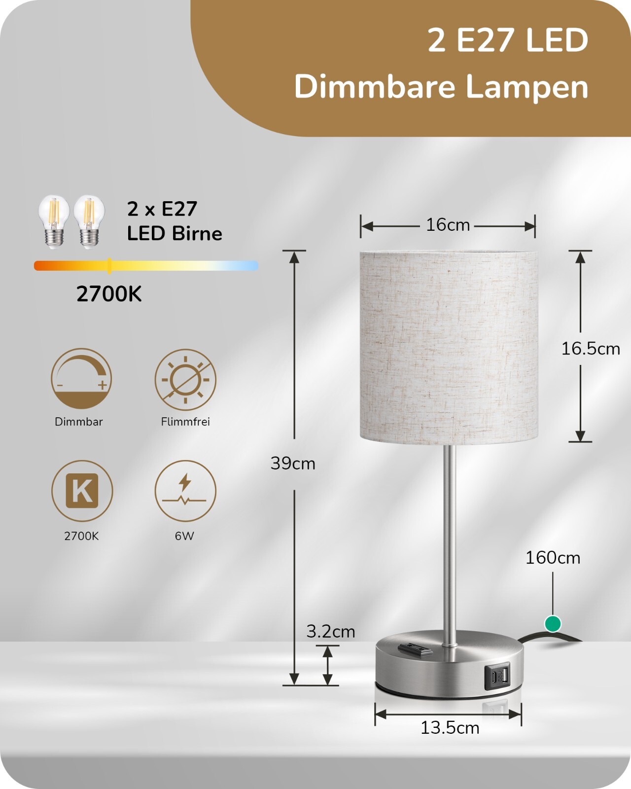 Adiwo Nachttischlampe 2er Set Touch Dimmbar - LED Mit Fernbedienung