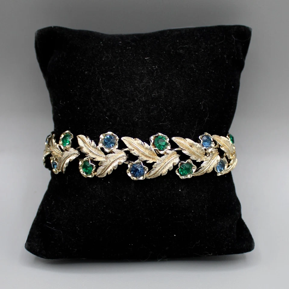 Brazalete Coro Hojas Tono Dorado Estrás Verde y Azul Segmentado Años 50 Foto 2 de 4