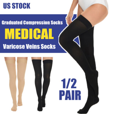 Graduated Elastic Thigh High Health COMPRESSION DVT STOCKING Black/Beige Socks