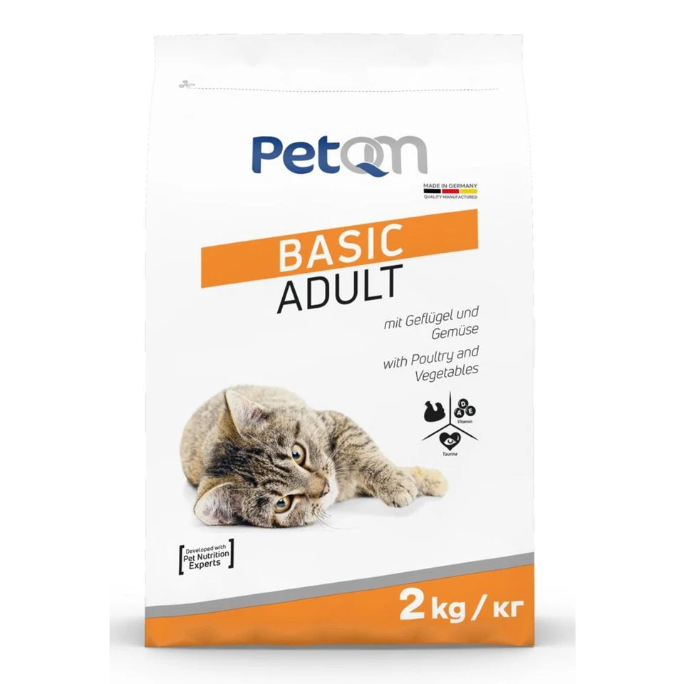 4x PetQM Basic Adult Katzenfutter 2kg Geflügel Gemüse Snack Trocken Haustiere