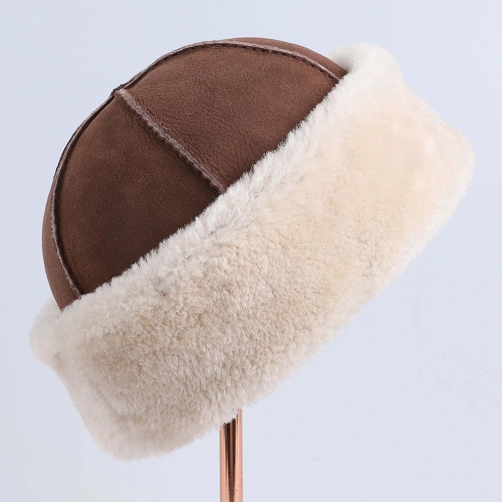 Unisex Genuine Sheepskin Leather Shearling Wool Beanie Hat Hand Stitched