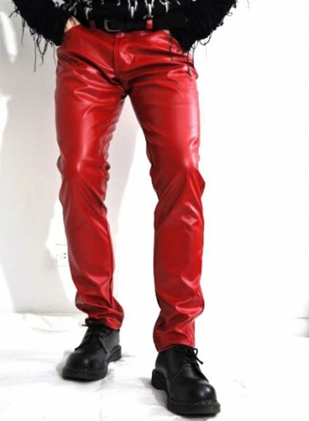 Mens red leather trousers deals