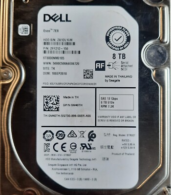 Dell 8TB 7.2K SAS 12Gbps 3.5'' HDD ST8000NM0185 0M40TH M40TH No caddy.