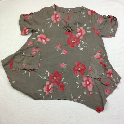 100% LIN BLANC Linen Tunic Top Womans Sz 40 (US 8) Short Sleeve Grey Red  Floral