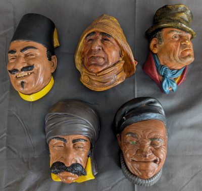 Lot of Five Vintage Chalkware Head Figures, Two Are Marked Bossons