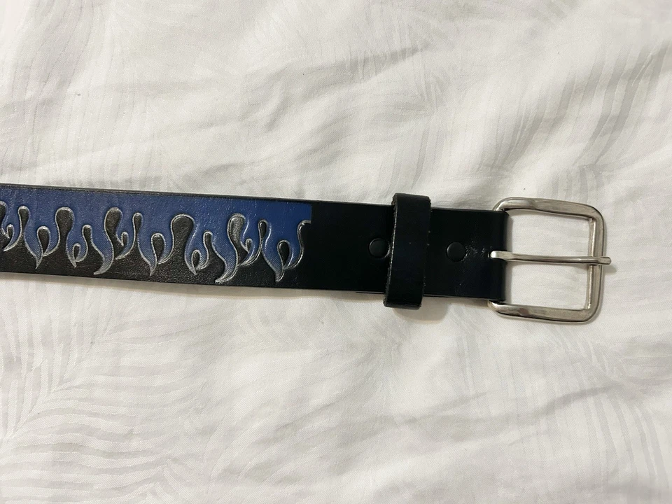 Vintage 90s Y2K Leather Skater Belt Blue Flame Rock Punk Grunge Size 36 USA Made - Image 2 of 4