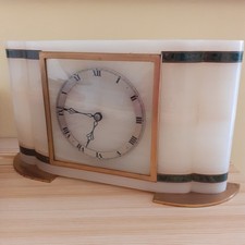 Vintage Art Deco Banded Onyx Mantel Clock Brass Base Wind Up England