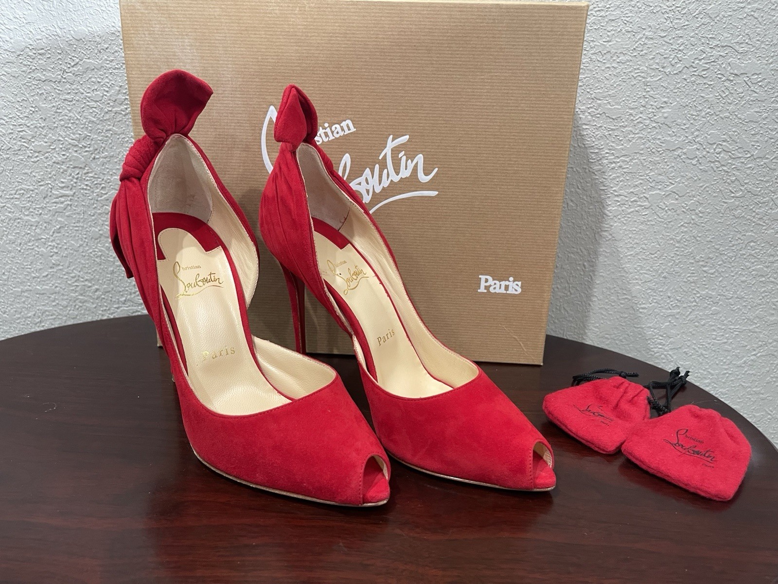 Cristian Louboutin Peep Toe Heels Red Suede Leather Women's Size 39 Barbara 100