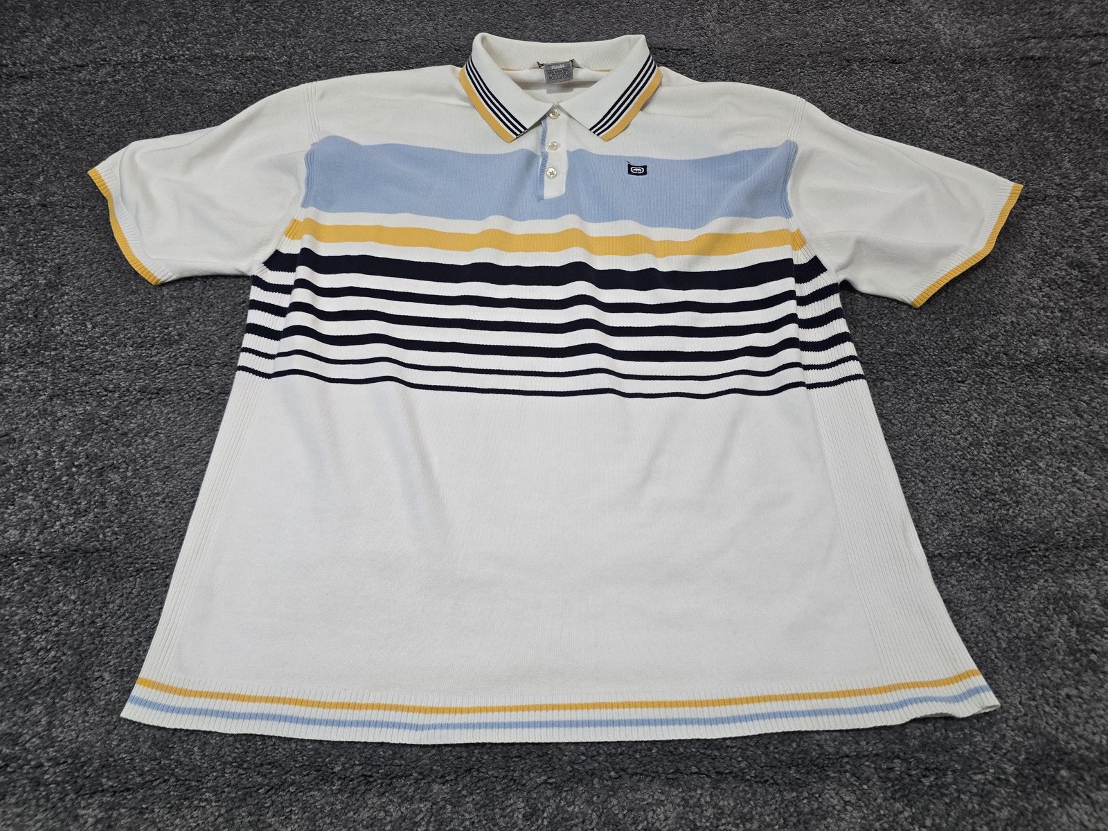 VINTAGE Ecko Unltd Sweater Mens XL White Striped Knit Short Sleeve Collared Polo
