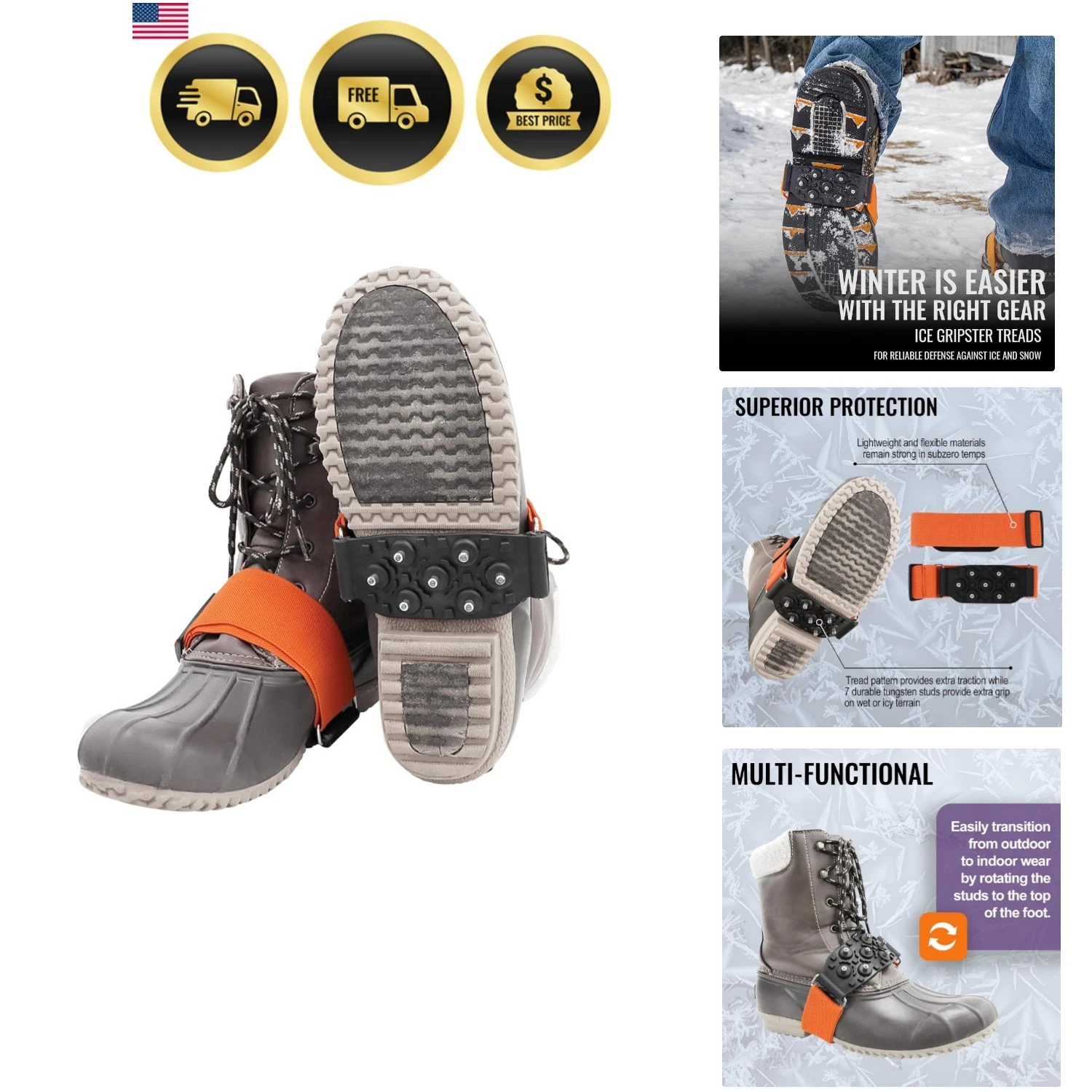GGS Ice Cleats for Shoes & Boots – Non-Slip, Mid-Sole Spikes with Adjustable ...