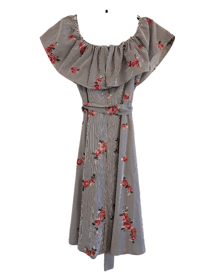 Calvin Klein off shoulder embroidered pinstripe floral dress size 4 - Image 4 of 4