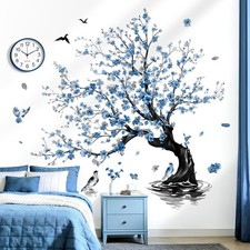 Large Blue Flower Tree Wall Stickers Watercolor Cherry Blossom Tree Branch Bi...