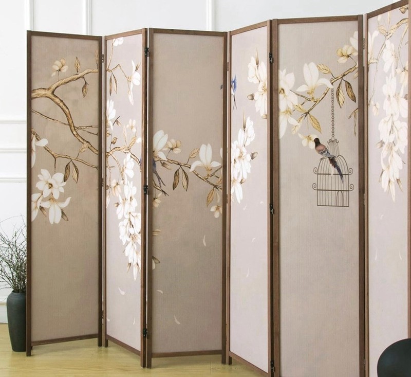 6 Panel Folding Room Divider Floral Bird Design Wood Screen Privacy Screen