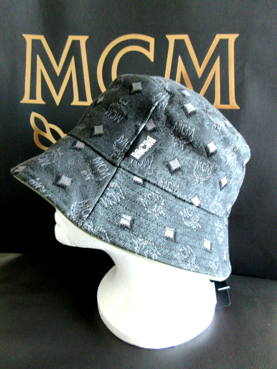 MCM Visetos Dark Grey Unisex Cotton Blend Monogram Logo Bucket Hat