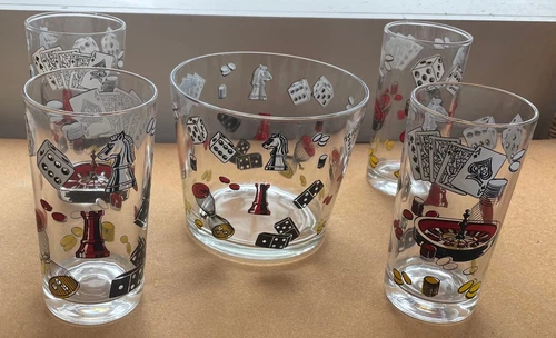 Vintage Hazel Atlas Las Vegas Gambling Highball Glasses (4) and Ice Bucket