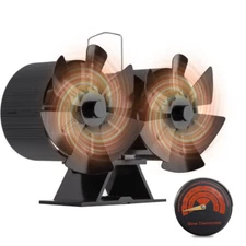 12-Blade Dual Head Heat Powered Wood Stove Fan Fireplace W/ Magnetic Thermometer