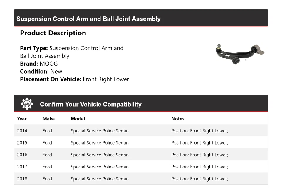 Conjunto de rótula brazo de control sedán policía servicio especial Ford 2014-18 Foto 2 de 4