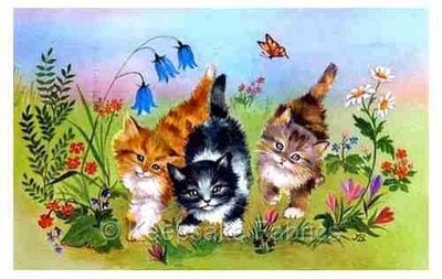 Kittens Flowers & Butterflies Cotton Crazy Quilt Block Multi Sizes