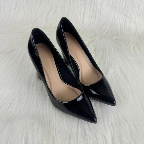 Zapatos de tacón grueso punta puntiaguda charol sintético bambú zapatos de salón de carrera negros 7 Foto 4 de 4