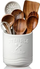 AISBUGUR Large Ceramic Utensil Holder 7.5" H×6.3" W with Slanted Mouth White 