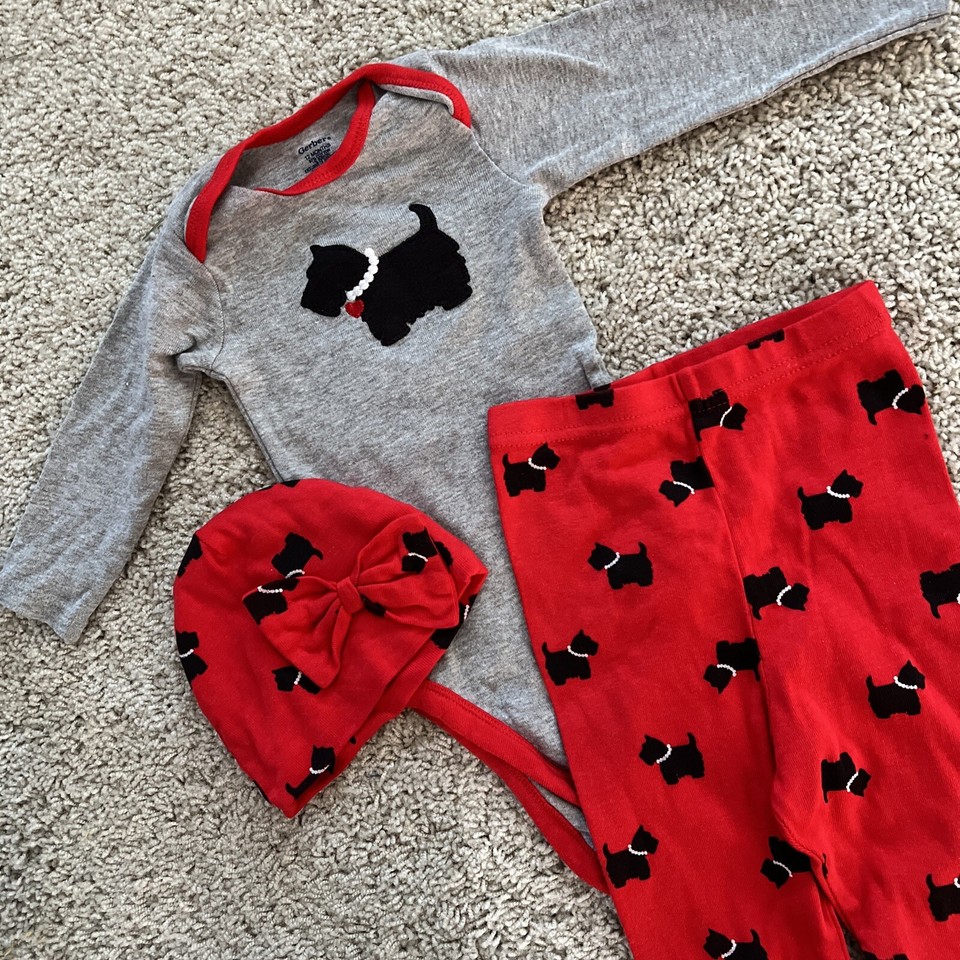 Baby Girl 3 Piece Set By Gerber Scottie Dog 12 Mos Red Gray CUTE eBay