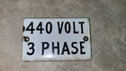 Vintage 440 Volt 3 Phase Porcelain Enamel Black And White Metal Sign