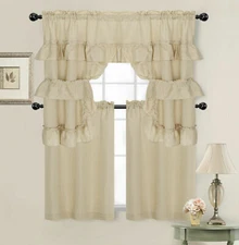 Linen/Beige Country Farmhouse Solid Colored Cafe Kitchen Curtain Tier & Swag Set