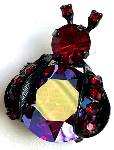Vtg Signed WEISS Red & AB Peacock Rhinestone Bug Insect Pin Black Japanned Mint