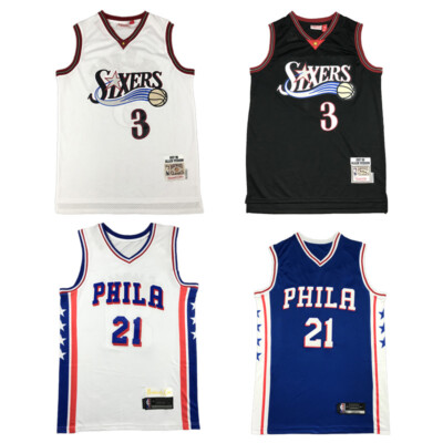 Neu Basketball Trikots Genäht 76er Schwarz/Weiß/Blau S-2XL