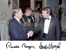 PRESIDENT DONALD TRUMP & RONALD REAGAN SHAKING HANDS AUTOGRAPHED 8X10 PHOTOGRAPH